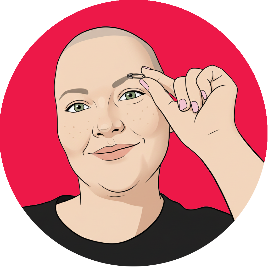Drawing of Dawn demonstrating her sign name by placing her index finger and thumb near the safety pin tattoo above her left eyebrow and tracing along its length.